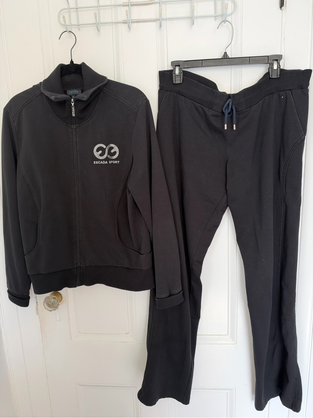 Vintage Escada Sport Women's Black Embellished Track Jacket and Joggers Set XL/L